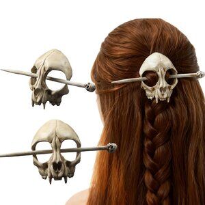 Cat Skull Hair Stick, Gothic Feline Skull Resin Bone Hair Slide Barrette for Wom